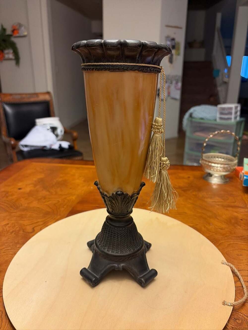Vintage Amber Art Glass and Metal Decorative Table Vase with Tassels